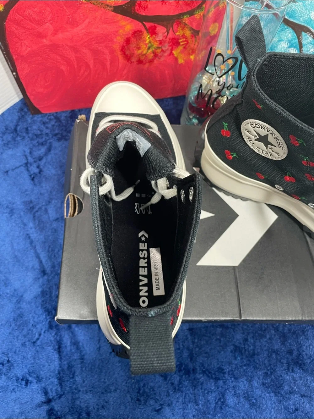 Converse women’s Black High-Top Sneakers size 8.5 with Red Cherry Embroidery.